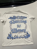 Running to money white and blue graphic tee