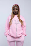 black and pink confidential rhinestone zip up RTM on face